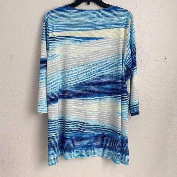 Chico’s Top Womens Large Blue White Watercolor Asymmetrical Abstract Stripe - Picture 3 of 8